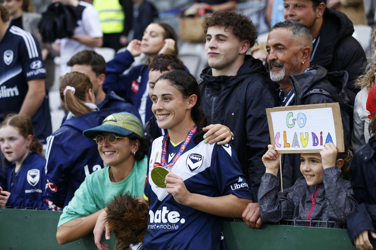 Claudia Bunge celebrates with her family after winning the A-League Women’s Grand Final match between Sydney FC and Melbourne Victory at Netstrata Jubilee Stadium on March 27, 2022, in Sydney, Australia. 